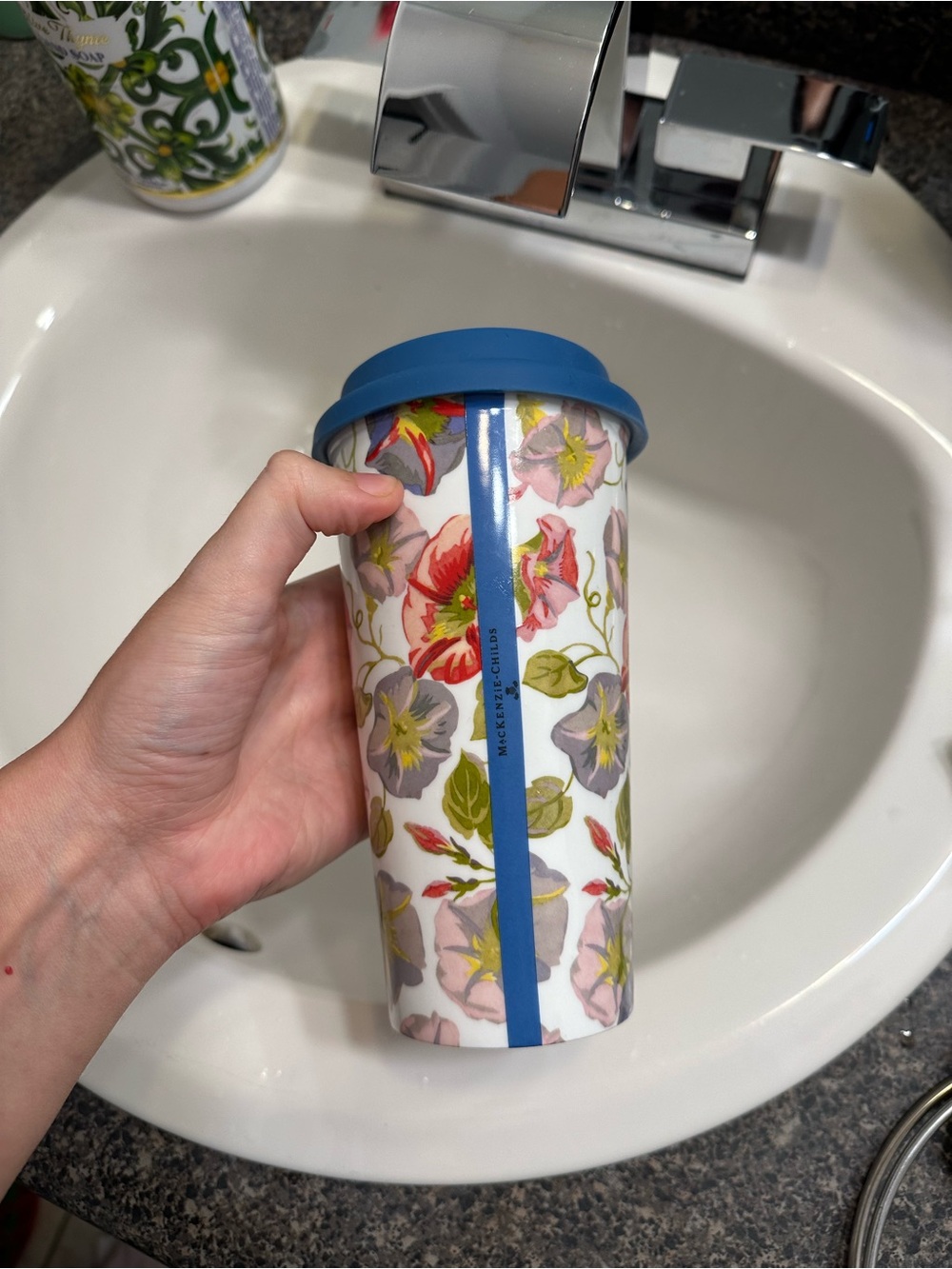 MacKenzie-Childs Floral Travel mug with Blue Lid never used
